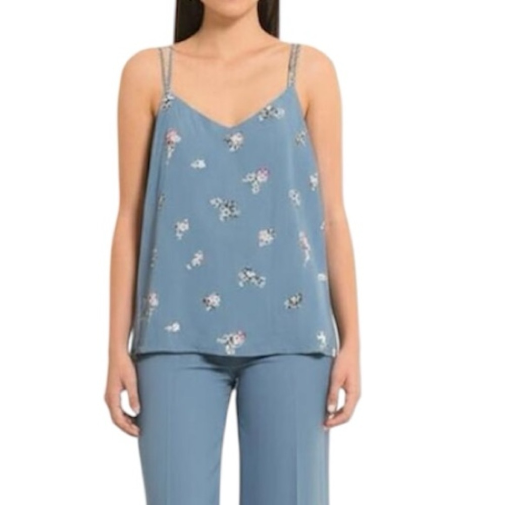 T TAHARI Camisole Blouse Size M Slate Blue Floral Print Spaghetti Strap Top